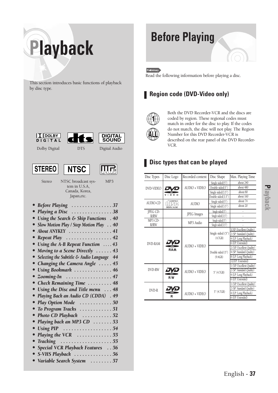 Playback, Before playing, Ntsc | Stereo, English - 37 | Samsung DVD-VR300-XAA User Manual | Page 37 / 97