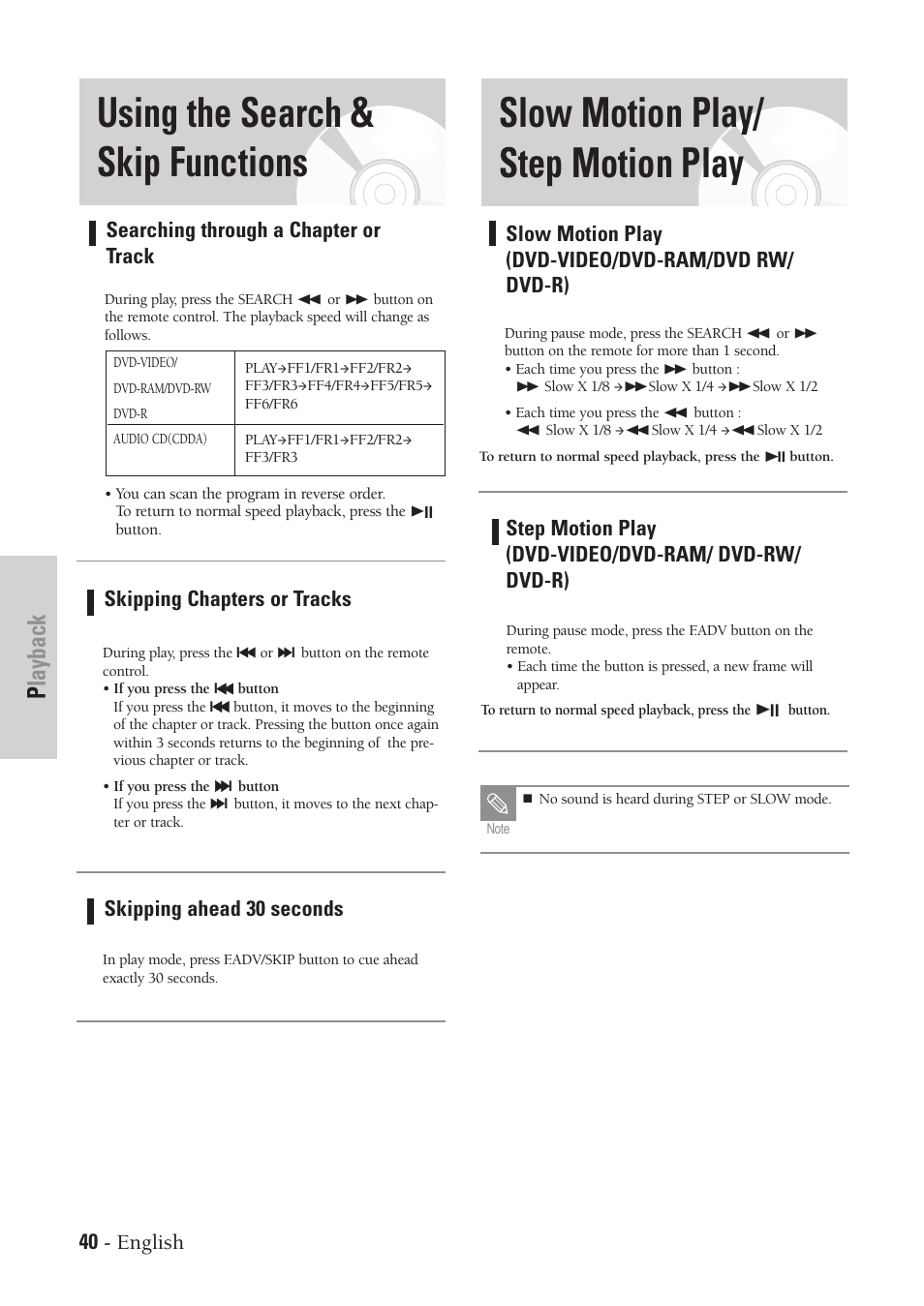 Using the search & skip functions, Slow motion play/ step motion play, Playback | 40 - english, Slow motion play (dvd-video/dvd-ram/dvd rw/ dvd-r), Searching through a chapter or track, Skipping chapters or tracks, Skipping ahead 30 seconds | Samsung DVD-VR300-XAA User Manual | Page 40 / 97