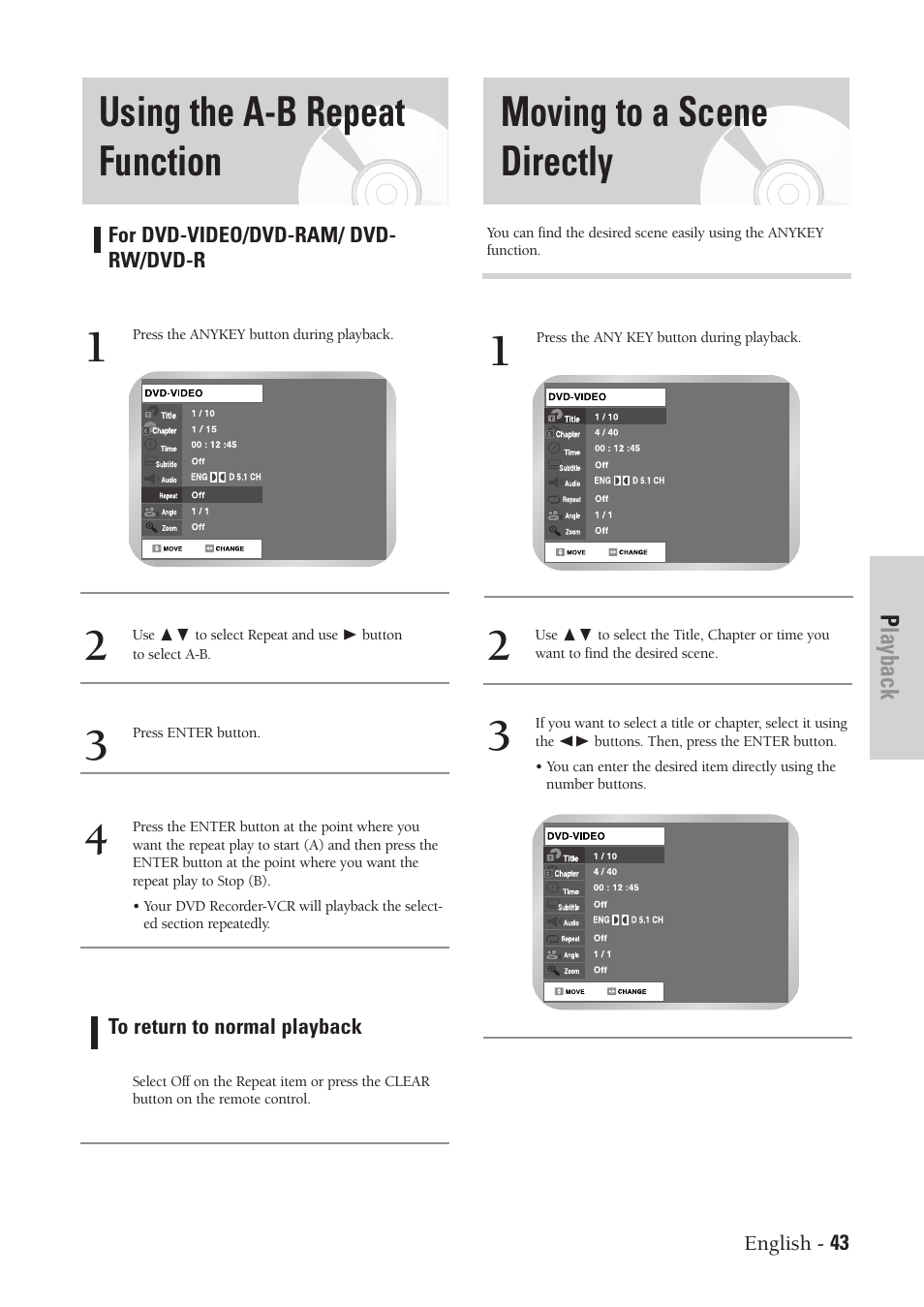 Using the a-b repeat function, Moving to a scene directly | Samsung DVD-VR300-XAA User Manual | Page 43 / 97