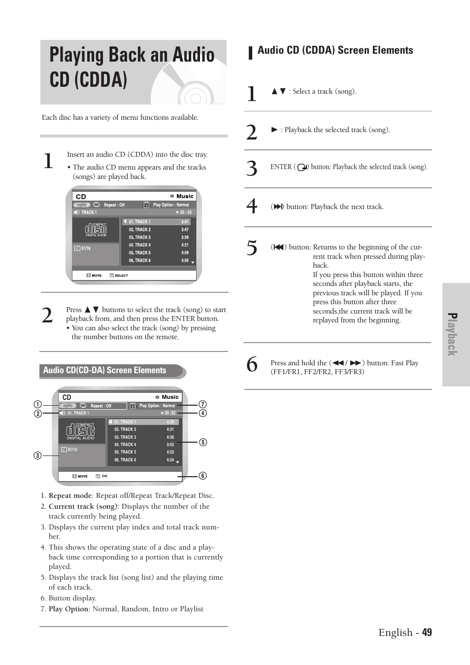 Playing back an audio cd (cdda), Playback, English - 49 audio cd (cdda) screen elements | Samsung DVD-VR300-XAA User Manual | Page 49 / 97