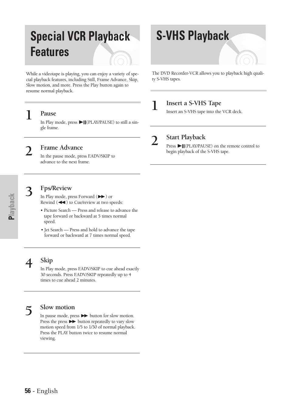 Special vcr playback features, S-vhs playback | Samsung DVD-VR300-XAA User Manual | Page 56 / 97