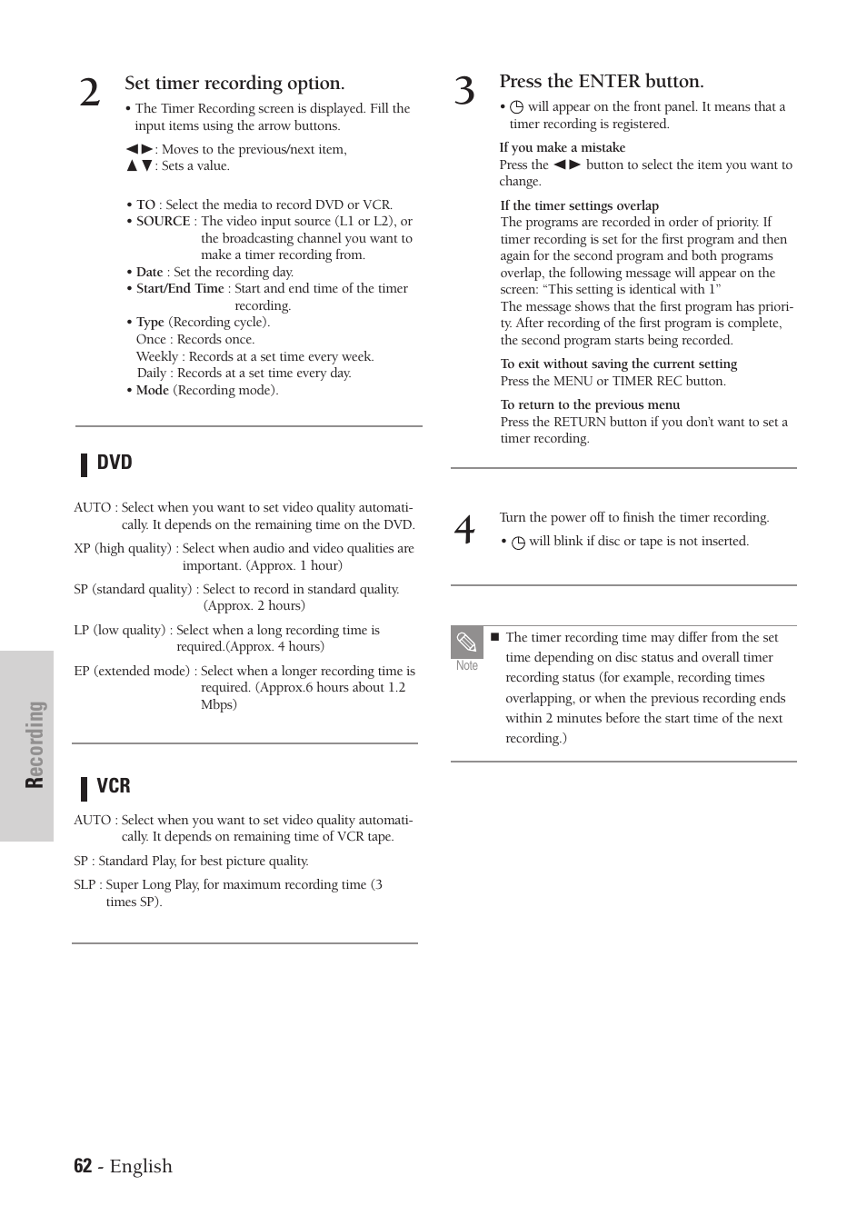 Recording, 62 - english, Press the enter button | Set timer recording option | Samsung DVD-VR300-XAA User Manual | Page 62 / 97