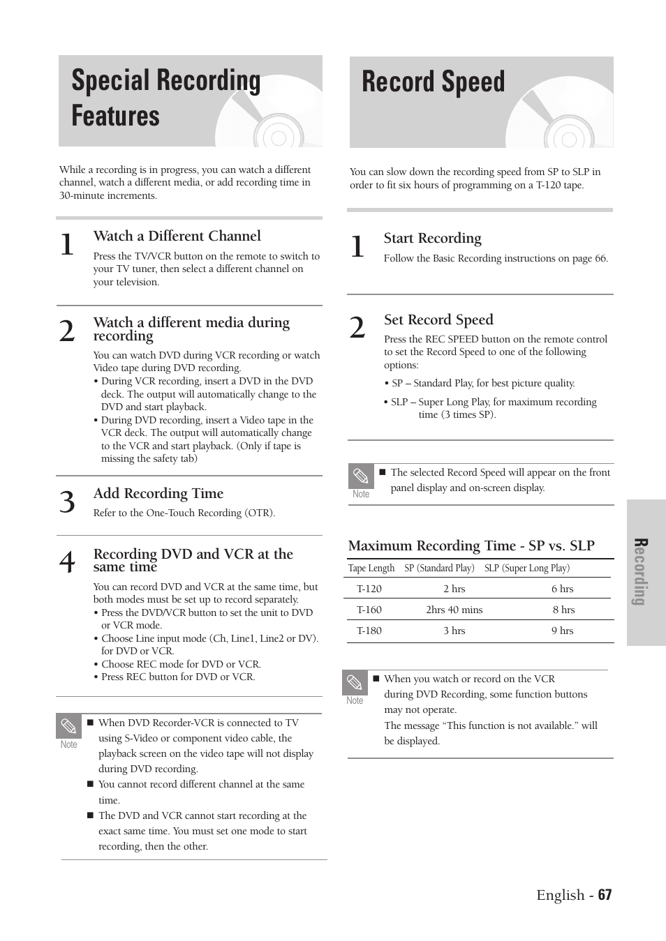 Special recording features, Record speed, Recording | Samsung DVD-VR300-XAA User Manual | Page 67 / 97