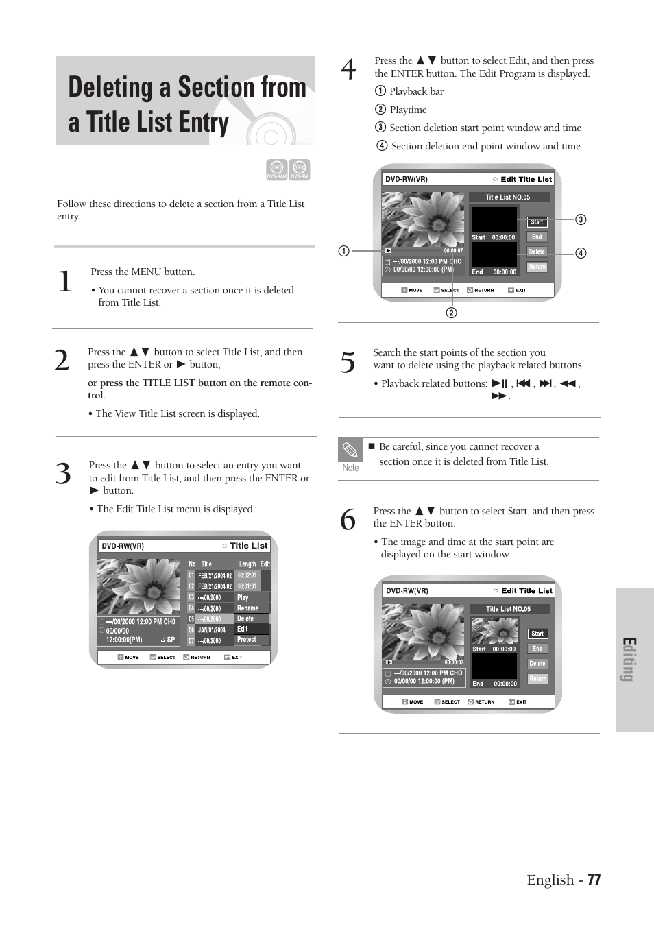 Deleting a section from a title list entry, Editing | Samsung DVD-VR300-XAA User Manual | Page 77 / 97