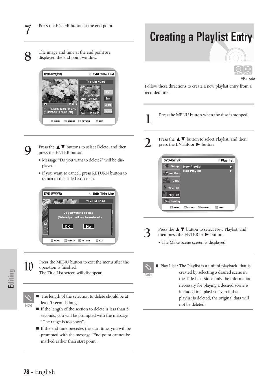 Creating a playlist entry, Editing | Samsung DVD-VR300-XAA User Manual | Page 78 / 97