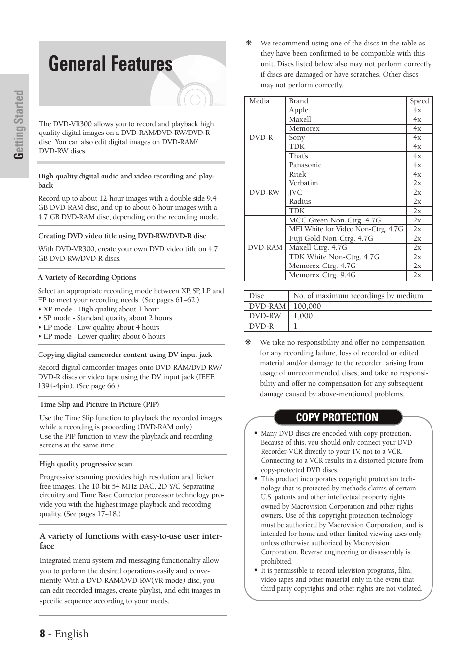 General features, Getting started, 8 - english | Copy protection | Samsung DVD-VR300-XAA User Manual | Page 8 / 97