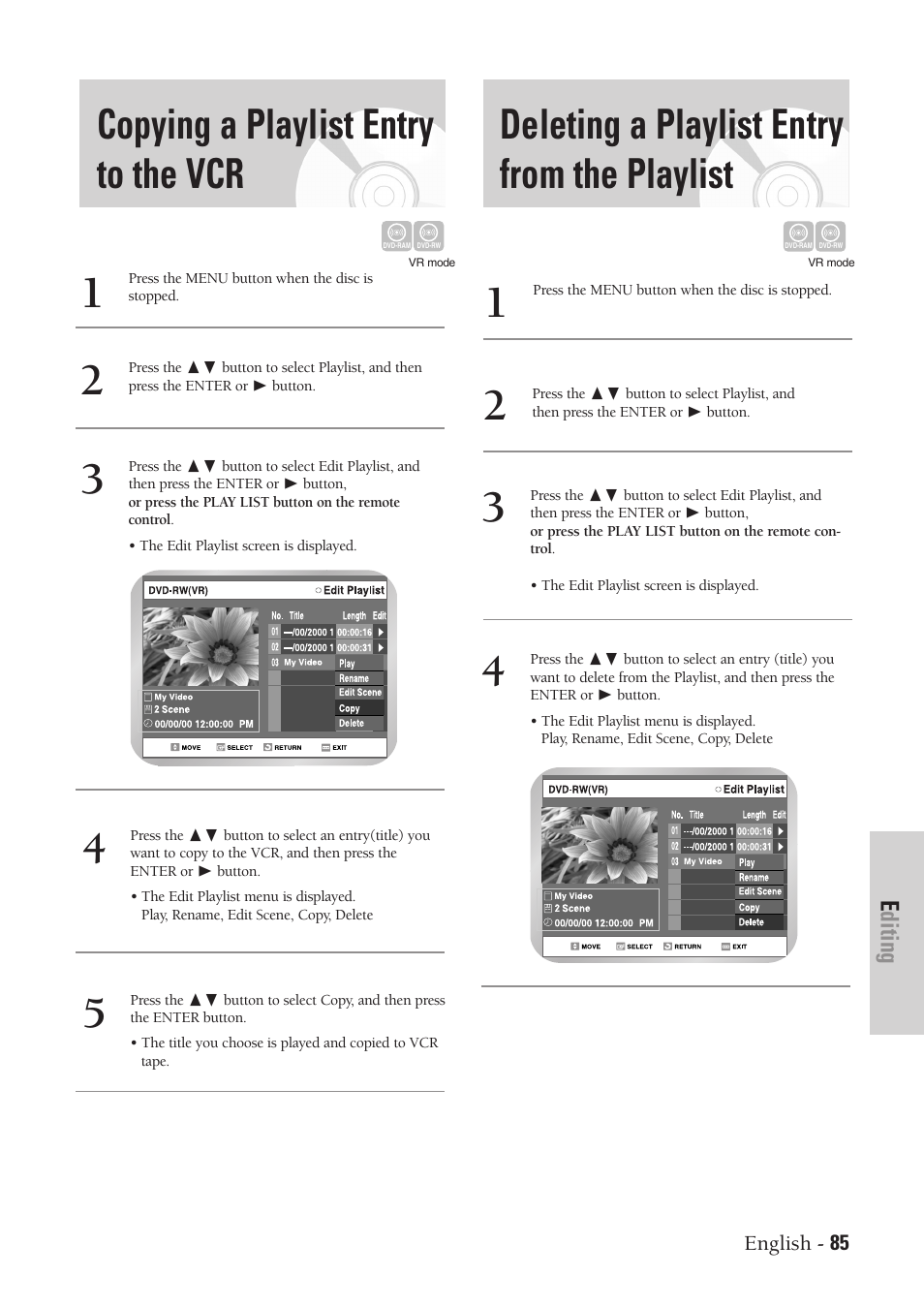 Copying a playlist entry to the vcr, Deleting a playlist entry from the playlist, Editing | Samsung DVD-VR300-XAA User Manual | Page 85 / 97