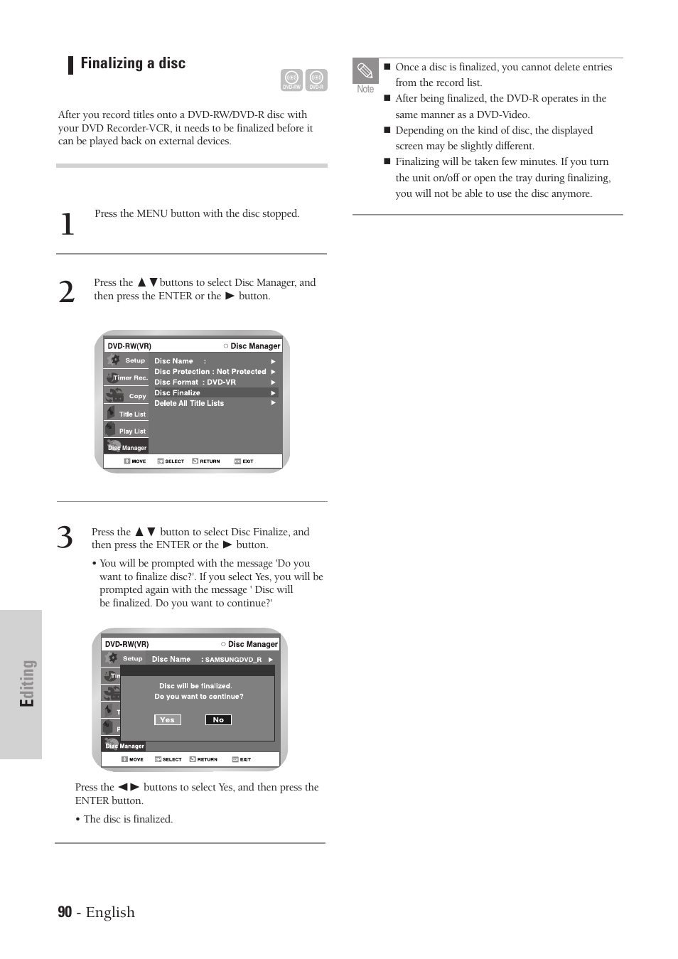 Editing, 90 - english, Finalizing a disc | Samsung DVD-VR300-XAA User Manual | Page 90 / 97