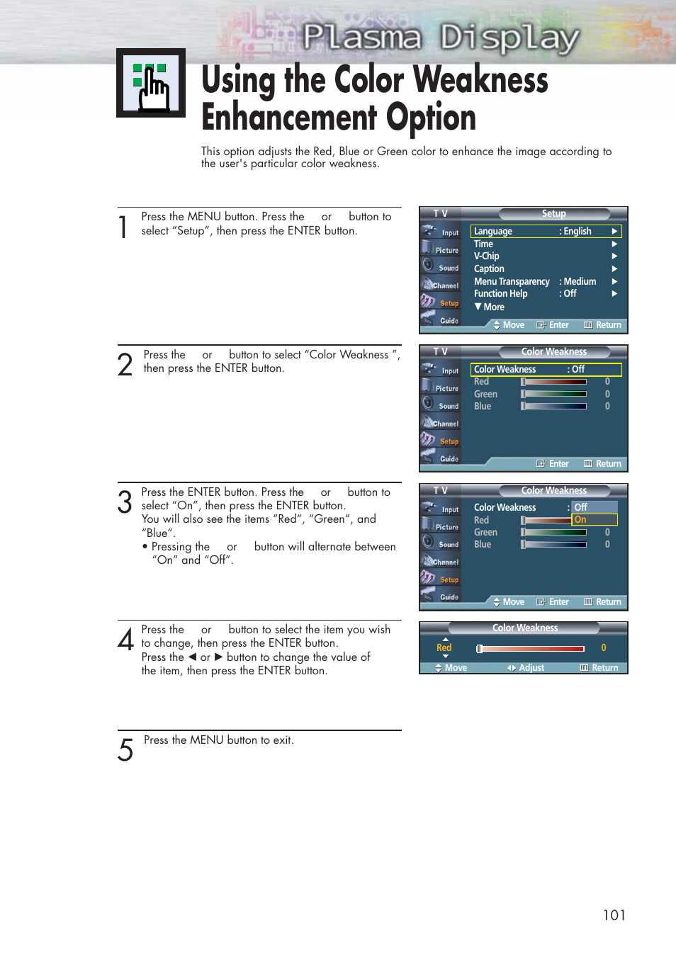 Using the color weakness enhancement option | Samsung HPP5581X-XAA User Manual | Page 101 / 128