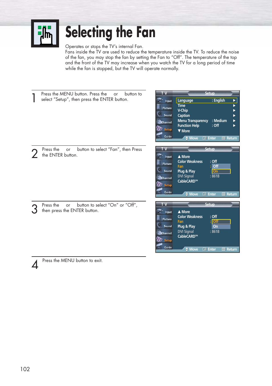 Selecting the fan | Samsung HPP5581X-XAA User Manual | Page 102 / 128