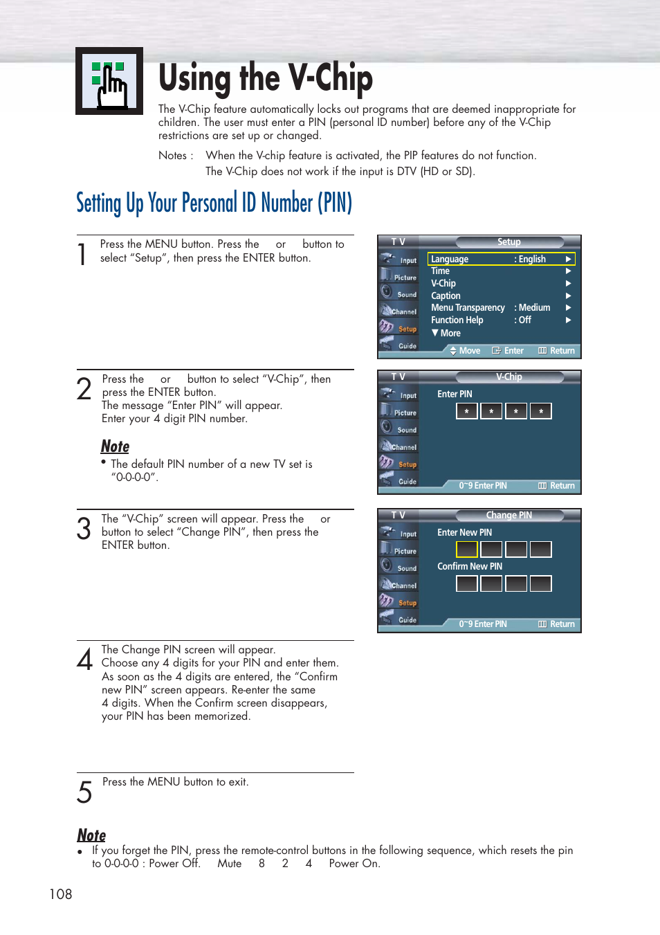 Using the v-chip, Setting up your personal id number (pin) | Samsung HPP5581X-XAA User Manual | Page 108 / 128
