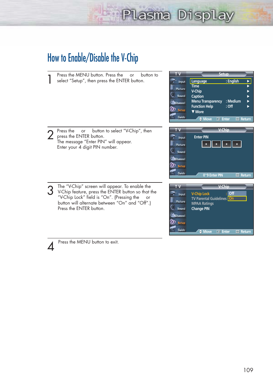 How to enable/disable the v-chip | Samsung HPP5581X-XAA User Manual | Page 109 / 128