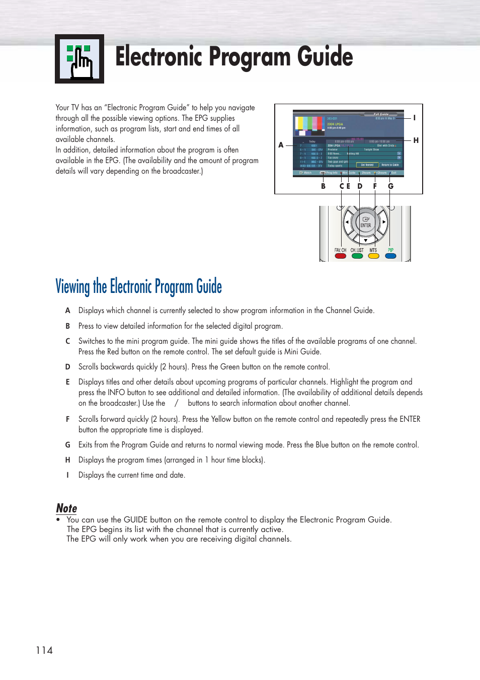 Electronic program guide, Viewing the electronic program guide | Samsung HPP5581X-XAA User Manual | Page 114 / 128