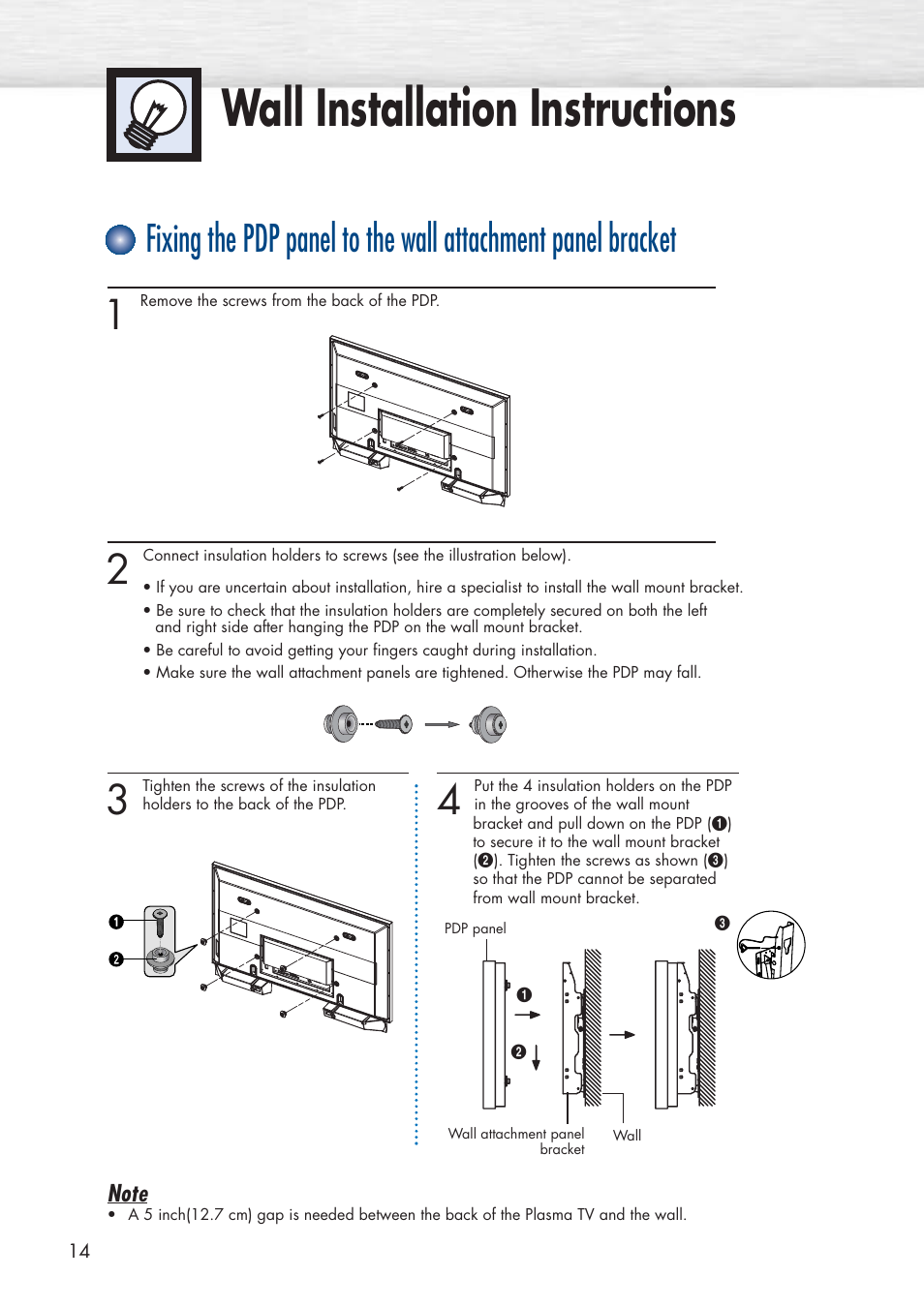 Wall installation instructions | Samsung HPP5581X-XAA User Manual | Page 14 / 128