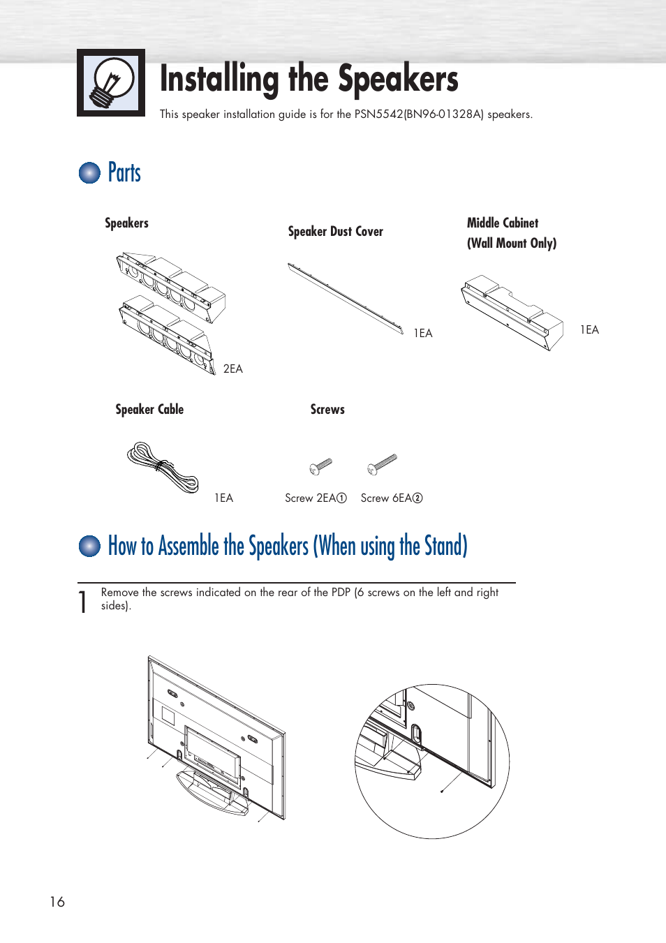 Installing the speakers | Samsung HPP5581X-XAA User Manual | Page 16 / 128