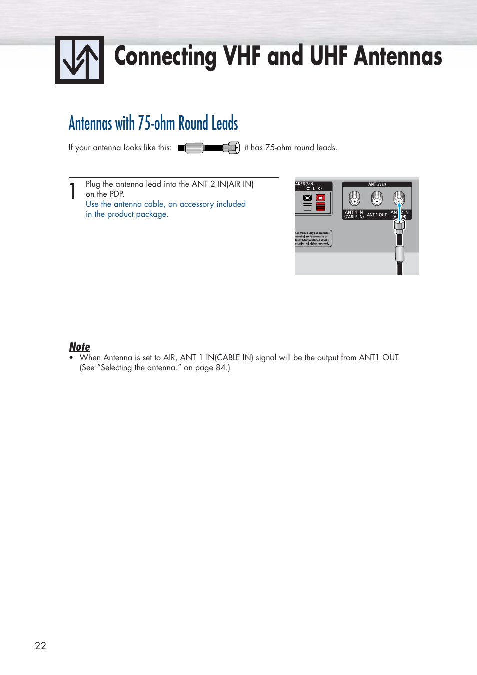 Connecting vhf and uhf antennas, Antennas with 75-ohm round leads | Samsung HPP5581X-XAA User Manual | Page 22 / 128