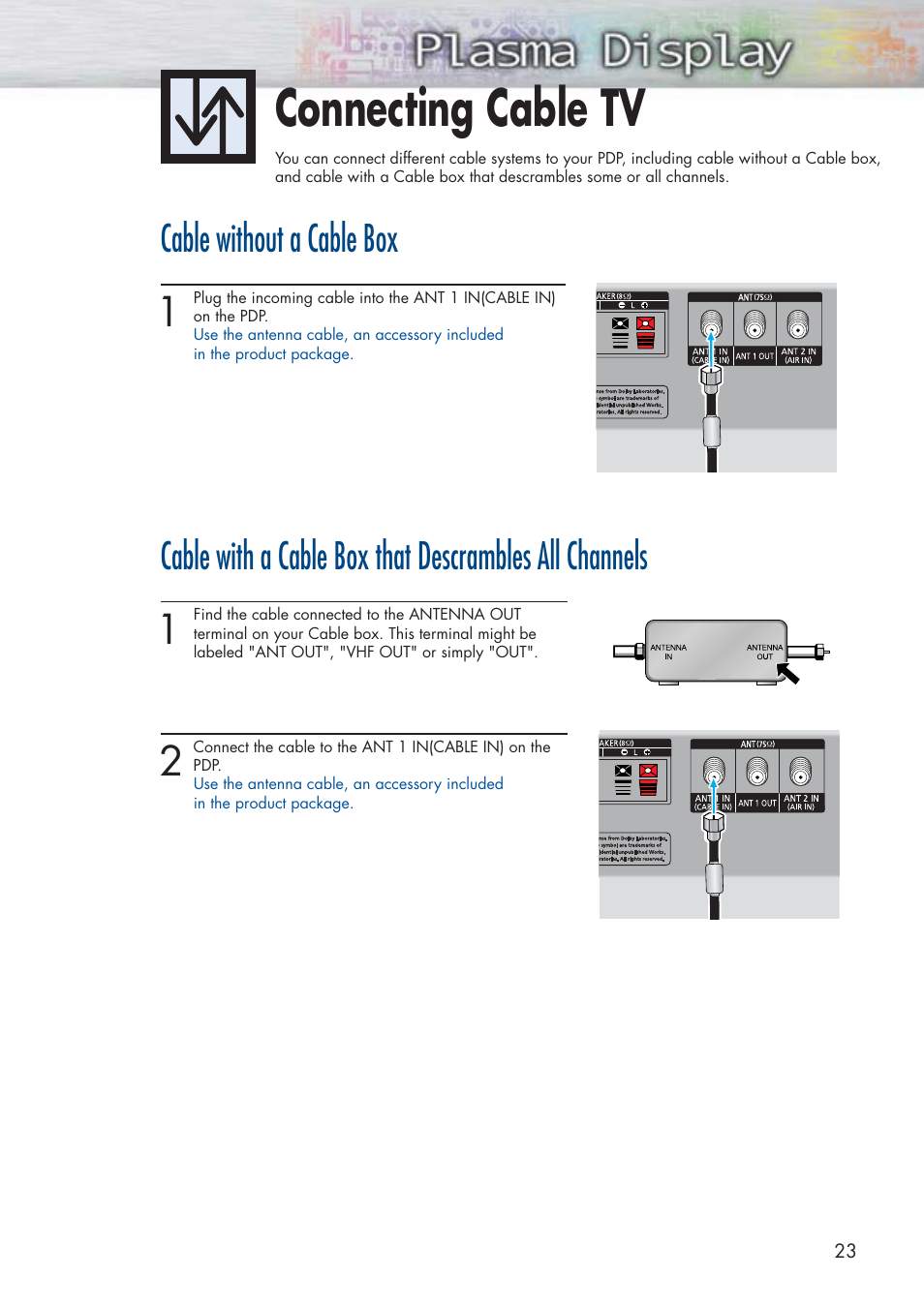 Connecting cable tv, Cable without a cable box | Samsung HPP5581X-XAA User Manual | Page 23 / 128