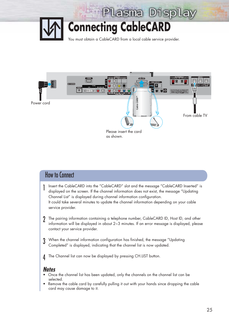 Connecting cablecard, How to connect 1 2 3 4 | Samsung HPP5581X-XAA User Manual | Page 25 / 128