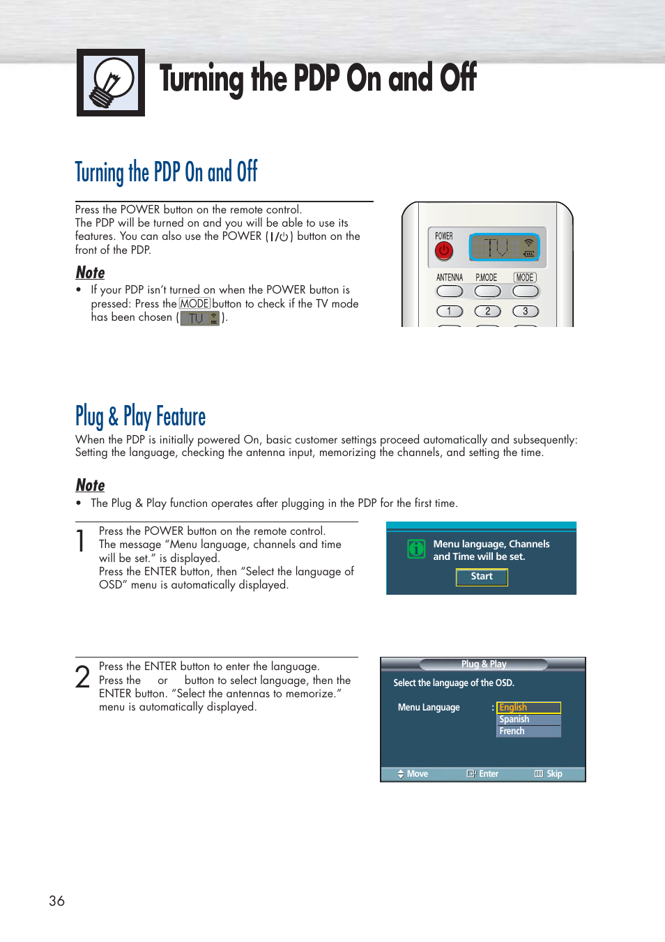 Turning the pdp on and off, Plug & play feature | Samsung HPP5581X-XAA User Manual | Page 36 / 128