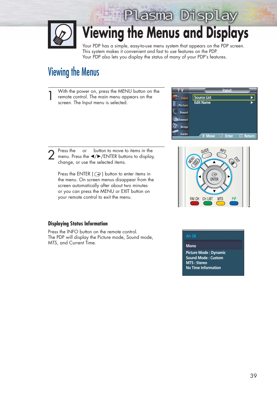 Viewing the menus and displays, Viewing the menus | Samsung HPP5581X-XAA User Manual | Page 39 / 128