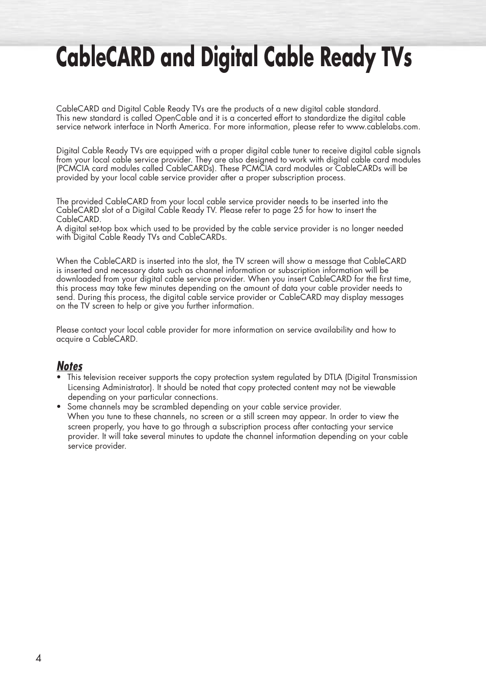 Cablecard and digital cable ready tvs | Samsung HPP5581X-XAA User Manual | Page 4 / 128