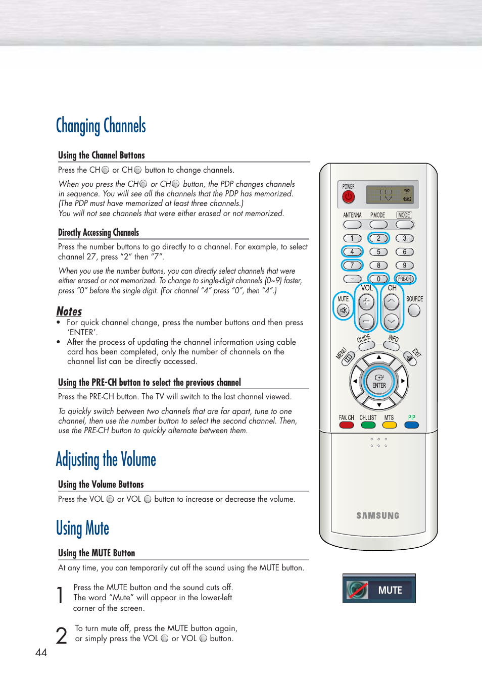 Changing channels, Adjusting the volume, Using mute | Samsung HPP5581X-XAA User Manual | Page 44 / 128