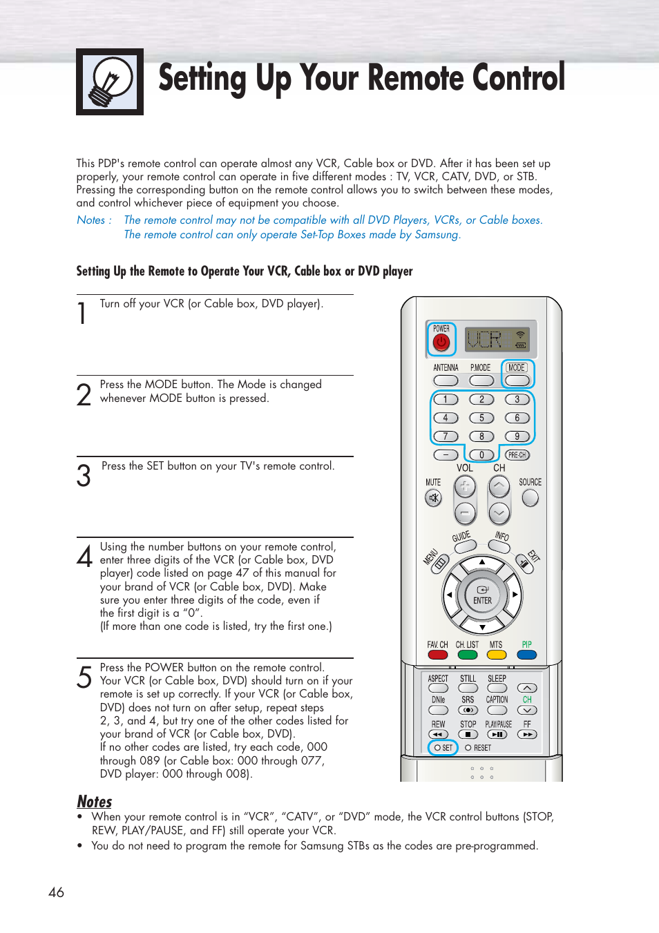 Setting up your remote control | Samsung HPP5581X-XAA User Manual | Page 46 / 128