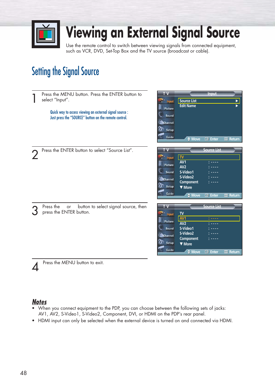 Viewing an external signal source, Setting the signal source | Samsung HPP5581X-XAA User Manual | Page 48 / 128