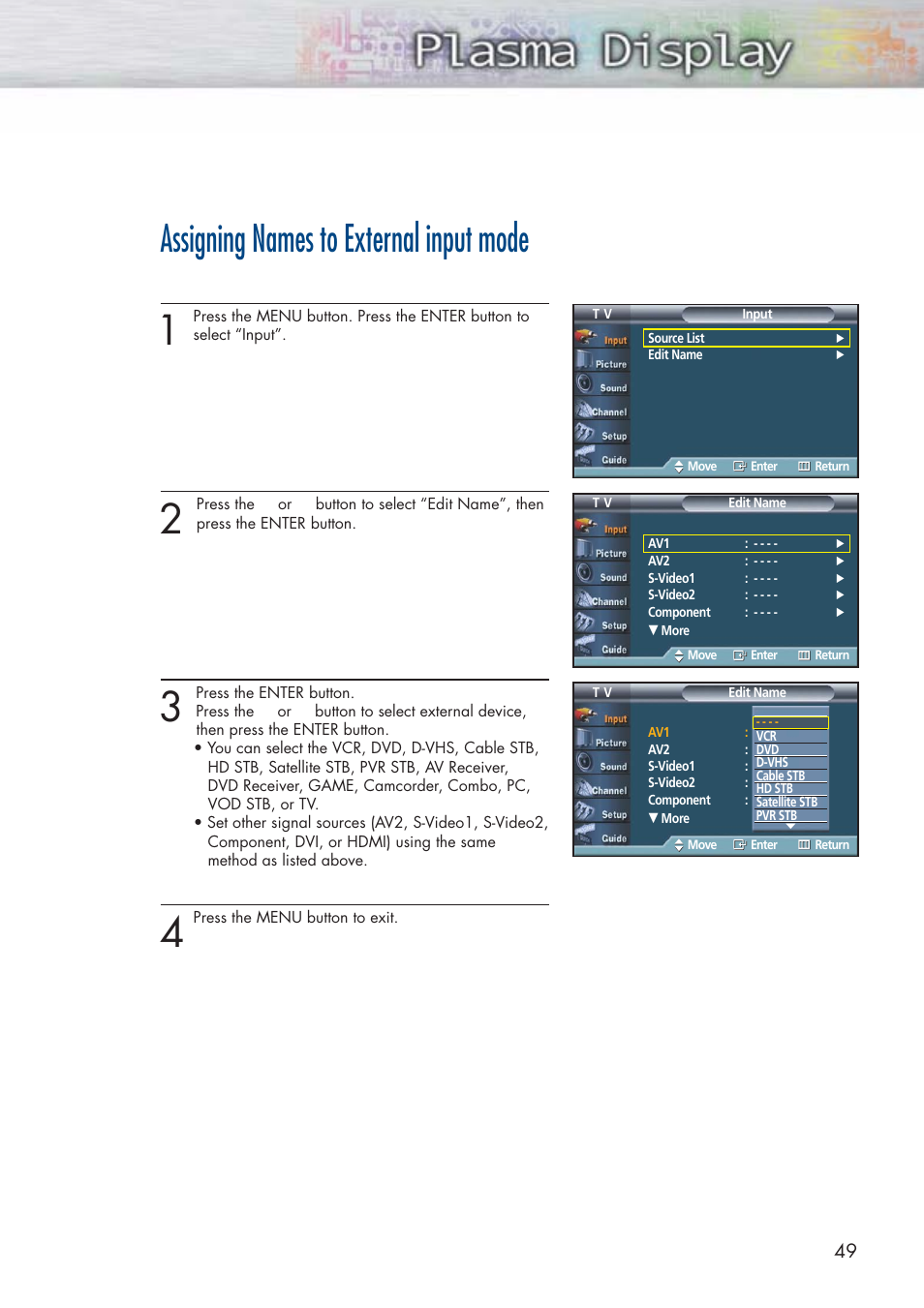 Assigning names to external input mode | Samsung HPP5581X-XAA User Manual | Page 49 / 128