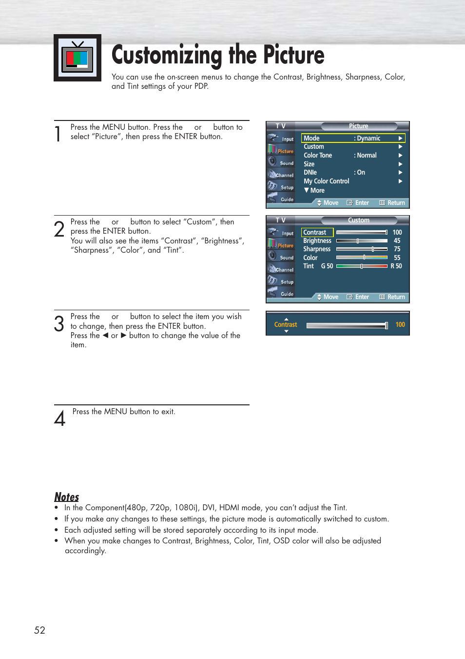 Customizing the picture | Samsung HPP5581X-XAA User Manual | Page 52 / 128