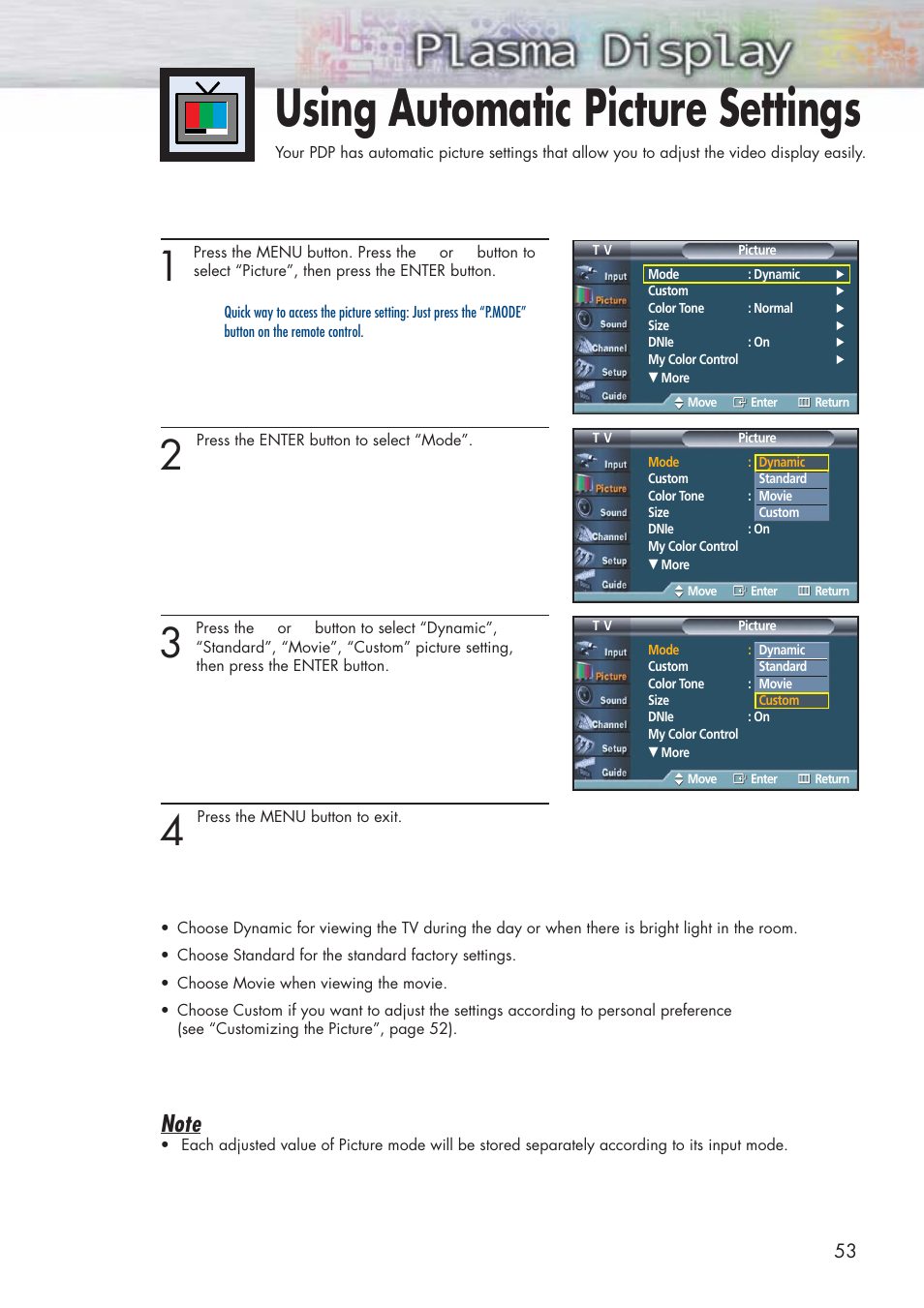 Using automatic picture settings | Samsung HPP5581X-XAA User Manual | Page 53 / 128