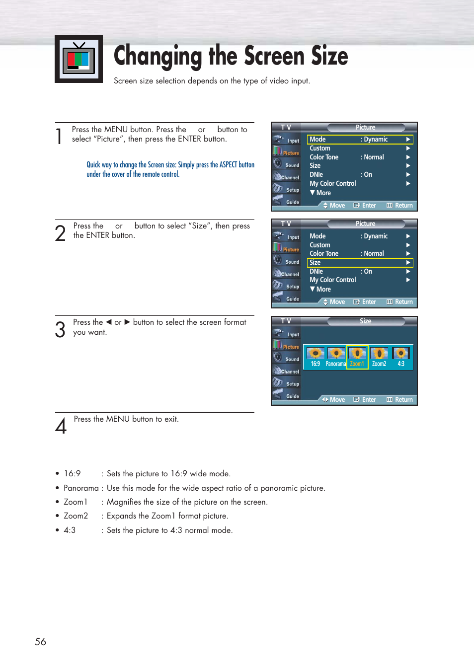Changing the screen size | Samsung HPP5581X-XAA User Manual | Page 56 / 128