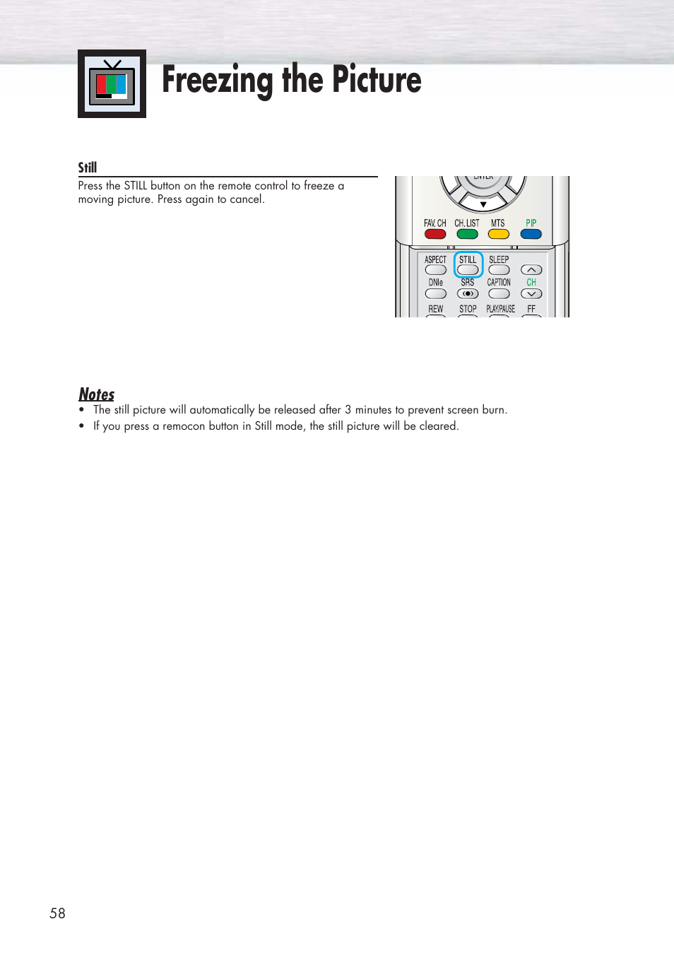 Freezing the picture | Samsung HPP5581X-XAA User Manual | Page 58 / 128