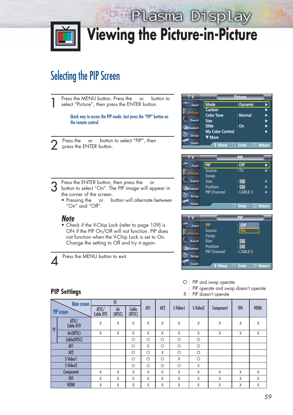 Viewing the picture-in-picture, Selecting the pip screen, Pip settings | Pip screen main screen | Samsung HPP5581X-XAA User Manual | Page 59 / 128