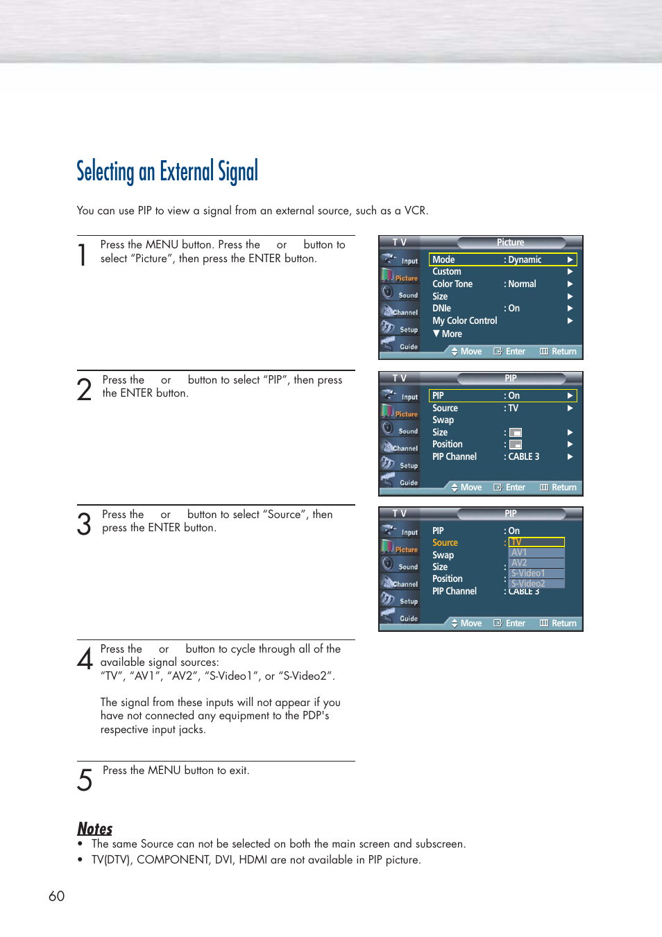 Selecting an external signal | Samsung HPP5581X-XAA User Manual | Page 60 / 128