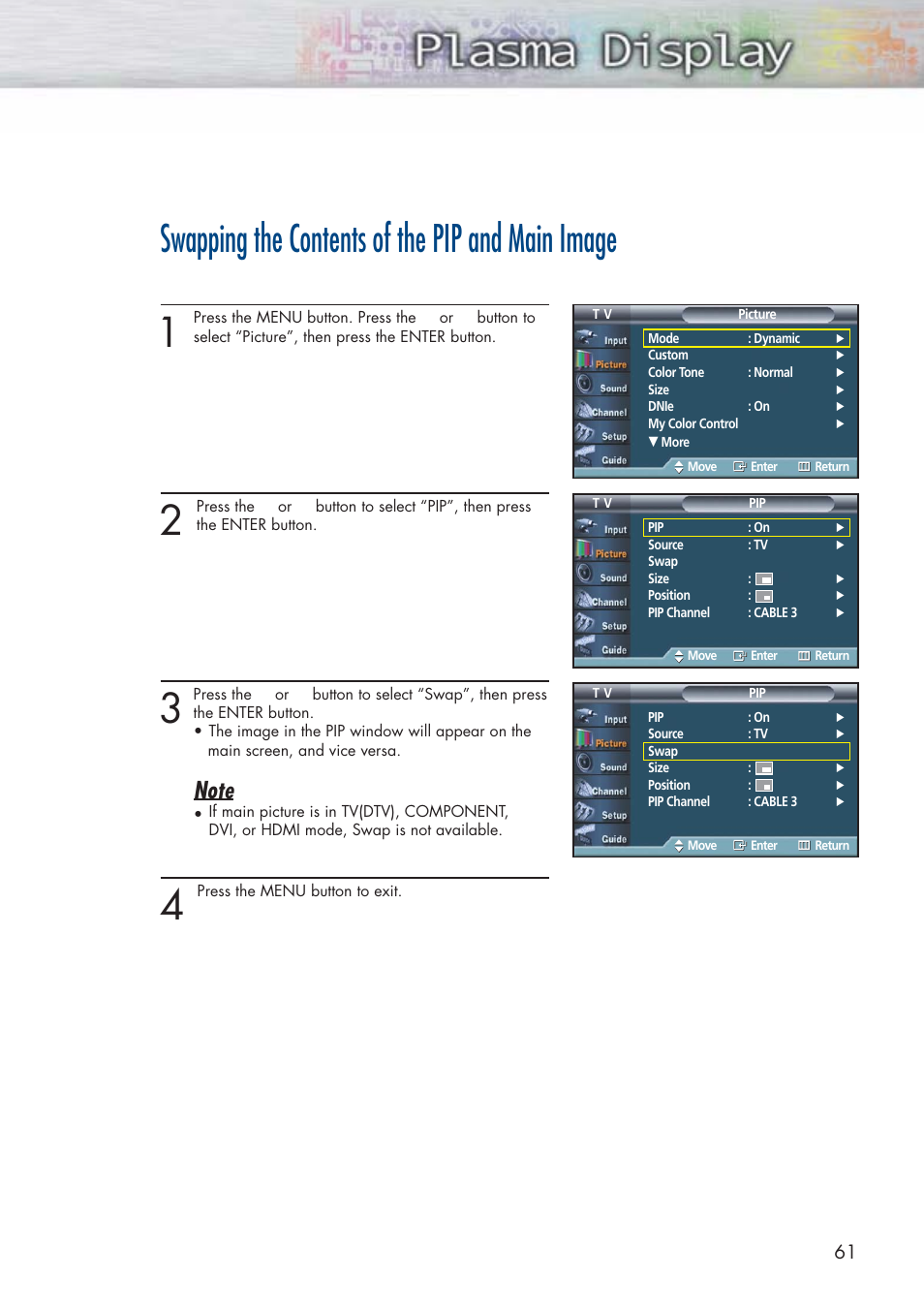 Swapping the contents of the pip and main image | Samsung HPP5581X-XAA User Manual | Page 61 / 128