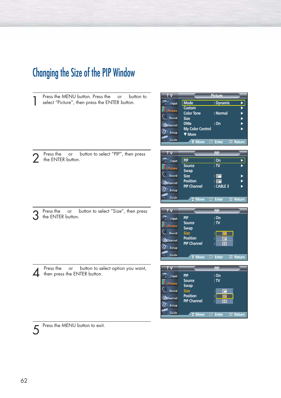 Changing the size of the pip window | Samsung HPP5581X-XAA User Manual | Page 62 / 128