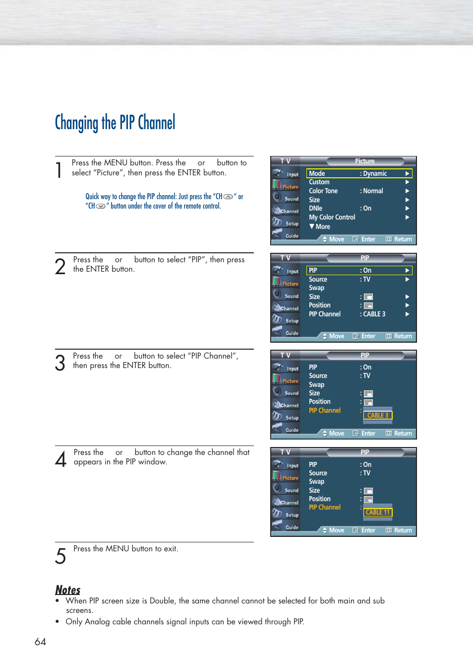 Changing the pip channel | Samsung HPP5581X-XAA User Manual | Page 64 / 128