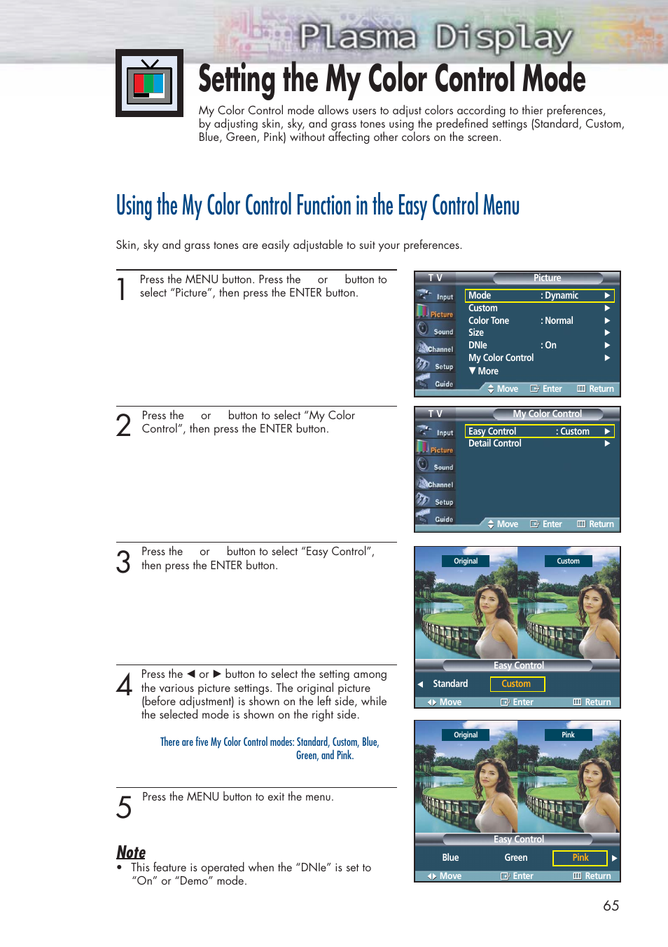 Setting the my color control mode | Samsung HPP5581X-XAA User Manual | Page 65 / 128