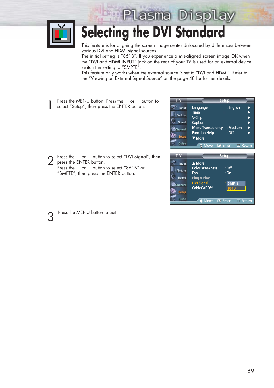Selecting the dvi standard | Samsung HPP5581X-XAA User Manual | Page 69 / 128