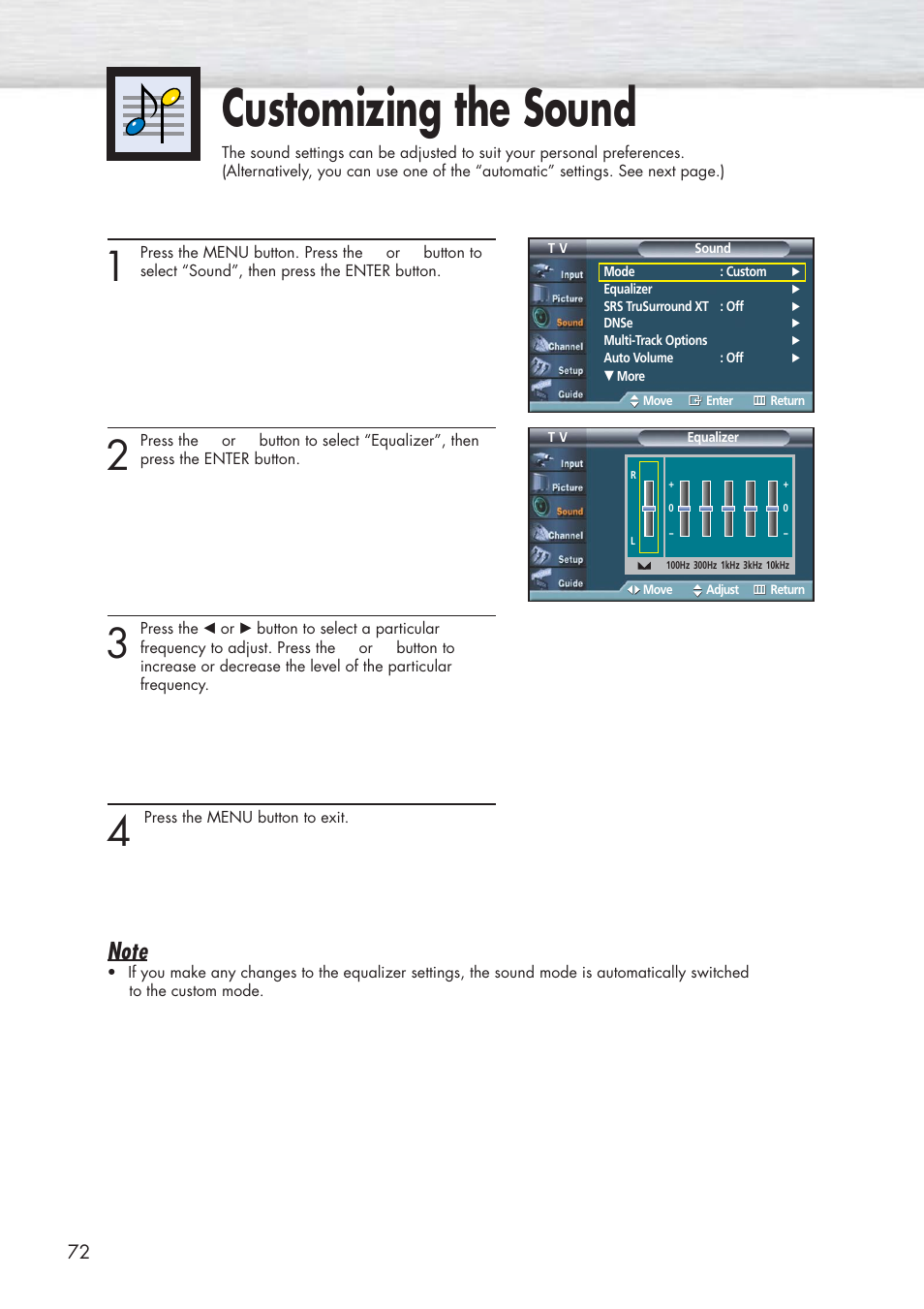 Customizing the sound | Samsung HPP5581X-XAA User Manual | Page 72 / 128