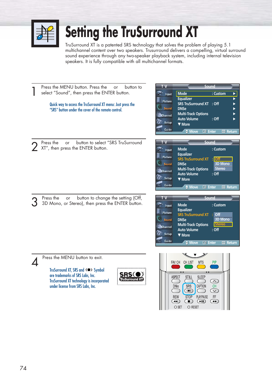 Setting the trusurround xt | Samsung HPP5581X-XAA User Manual | Page 74 / 128