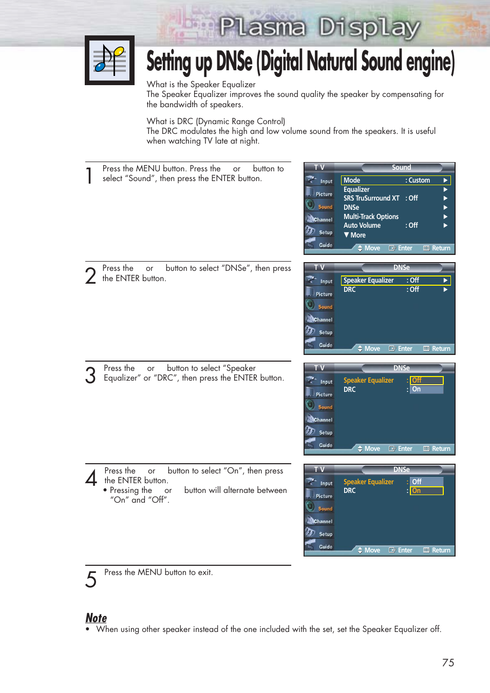 Setting up dnse (digital natural sound engine) | Samsung HPP5581X-XAA User Manual | Page 75 / 128
