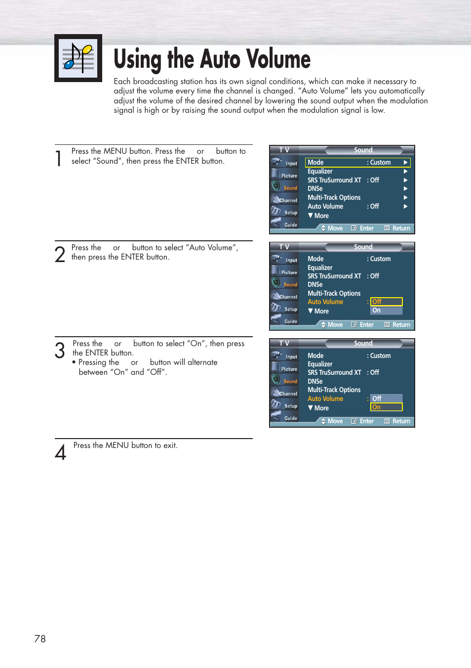 Using the auto volume | Samsung HPP5581X-XAA User Manual | Page 78 / 128