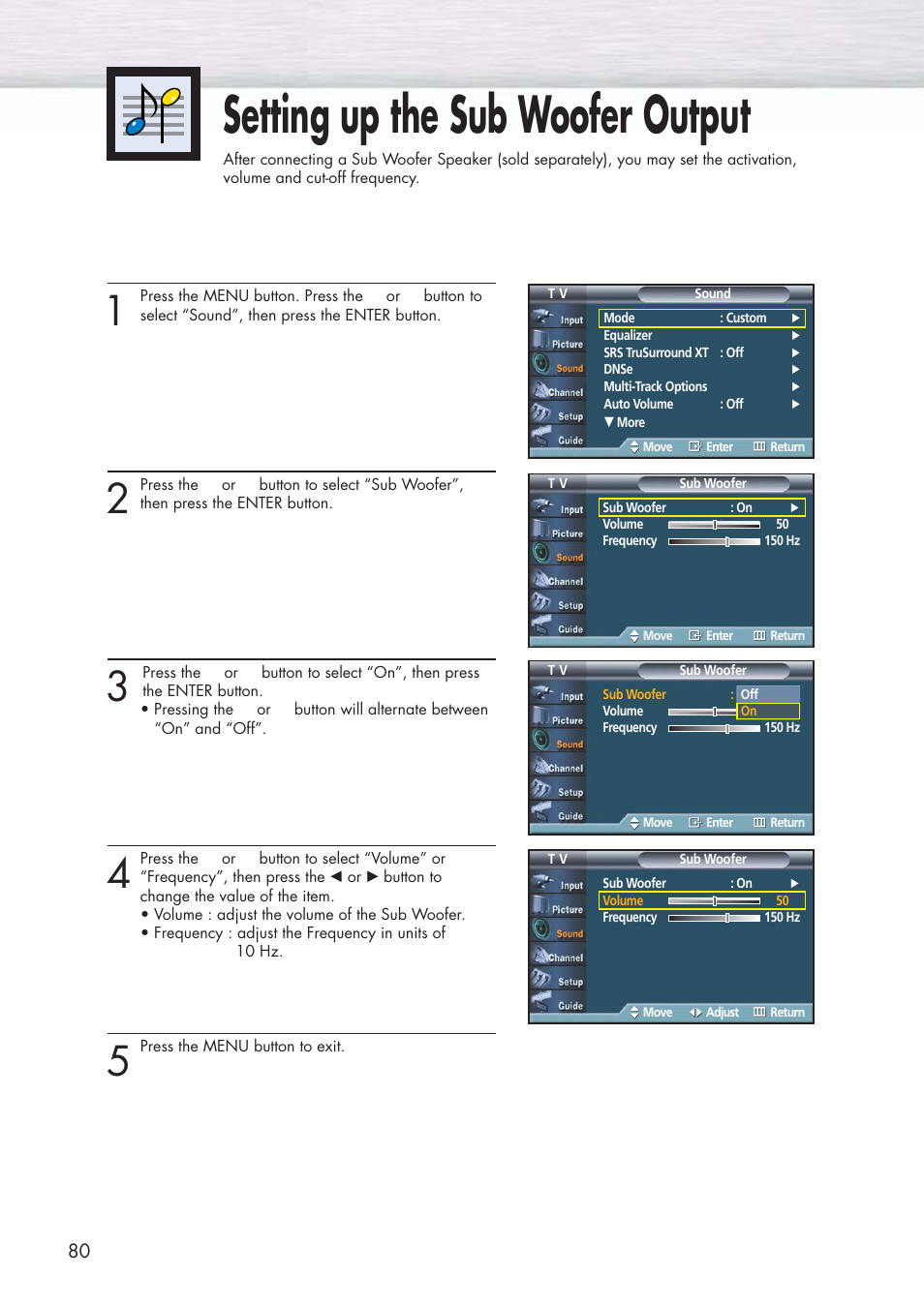 Setting up the sub woofer output | Samsung HPP5581X-XAA User Manual | Page 80 / 128