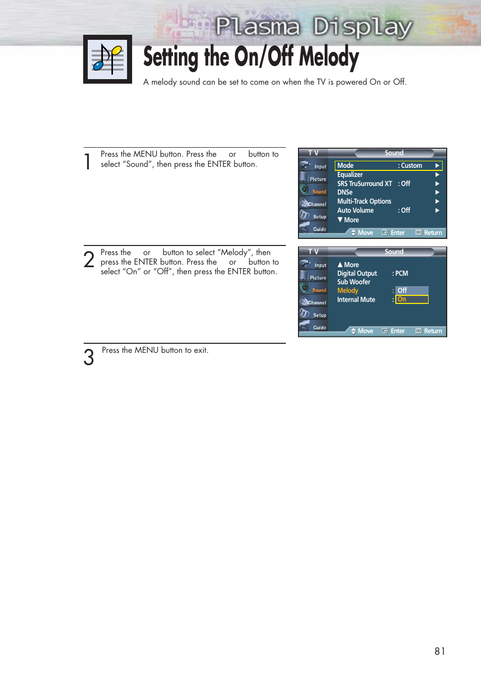 Setting the on/off melody | Samsung HPP5581X-XAA User Manual | Page 81 / 128
