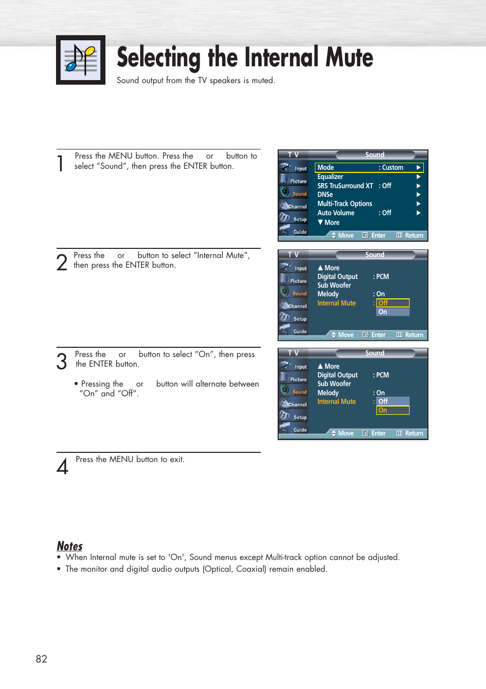 Selecting the internal mute | Samsung HPP5581X-XAA User Manual | Page 82 / 128