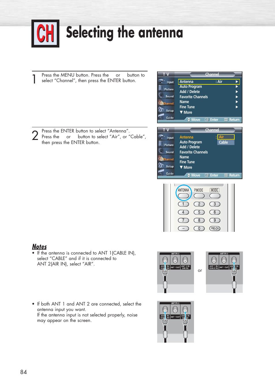 Selecting the antenna | Samsung HPP5581X-XAA User Manual | Page 84 / 128