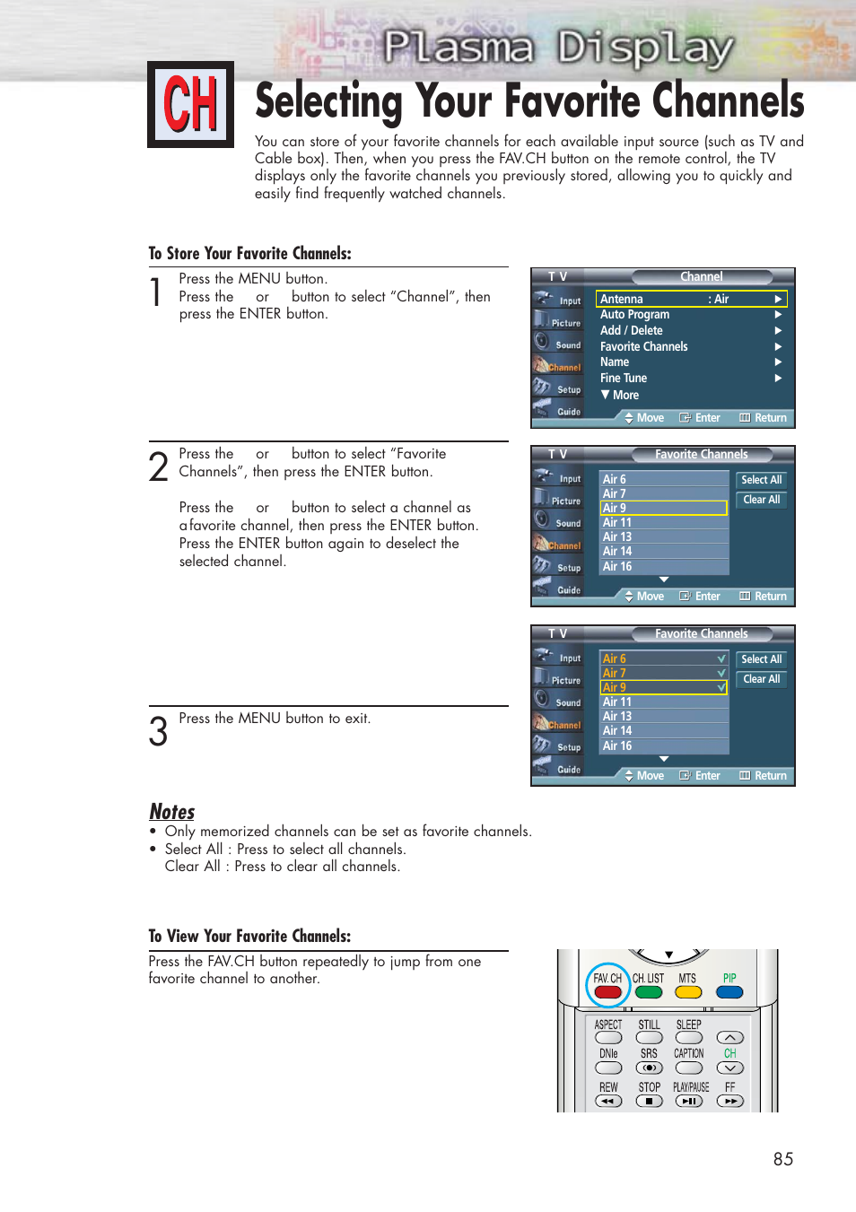 Selecting your favorite channels | Samsung HPP5581X-XAA User Manual | Page 85 / 128