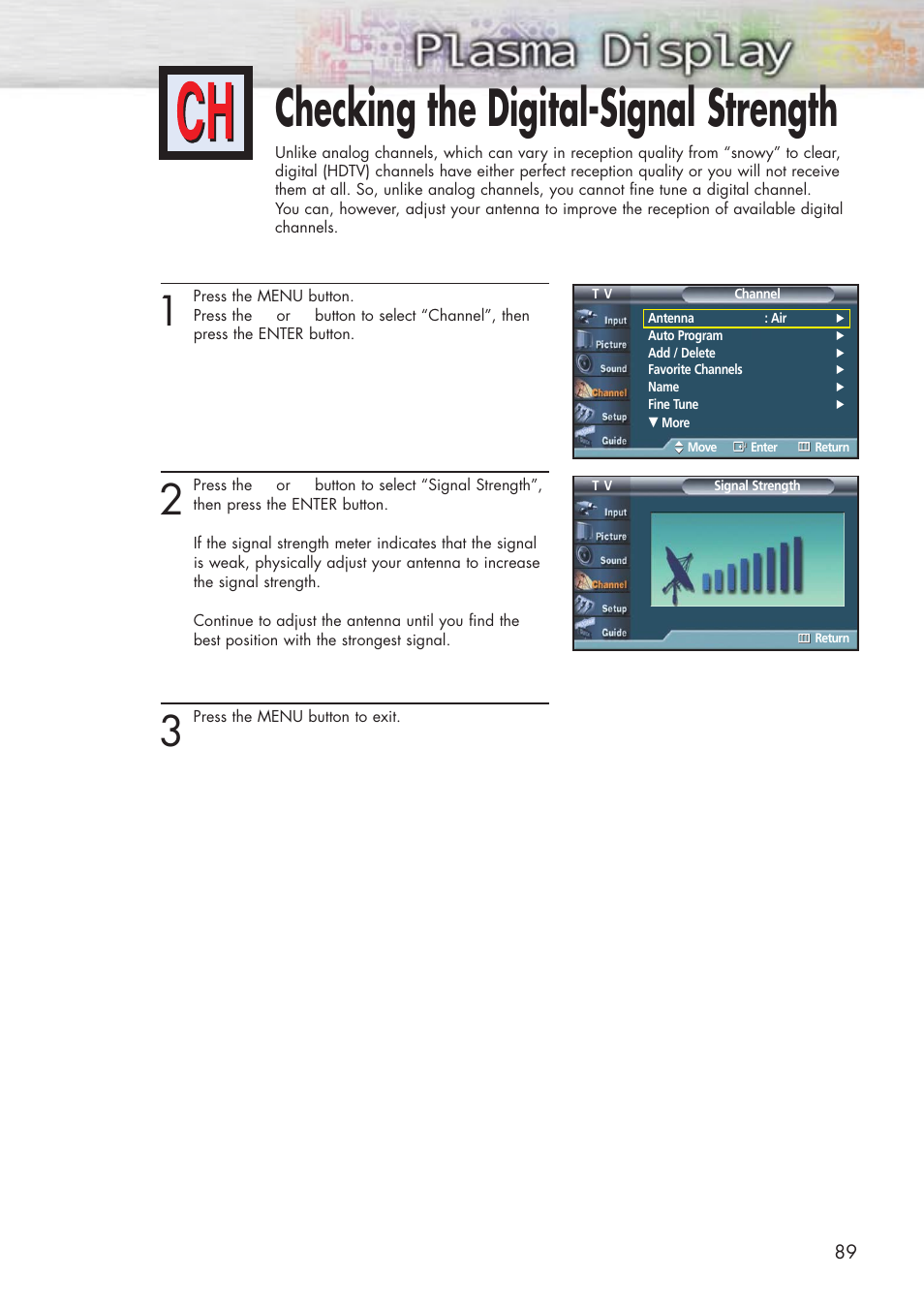 Checking the digital-signal strength | Samsung HPP5581X-XAA User Manual | Page 89 / 128